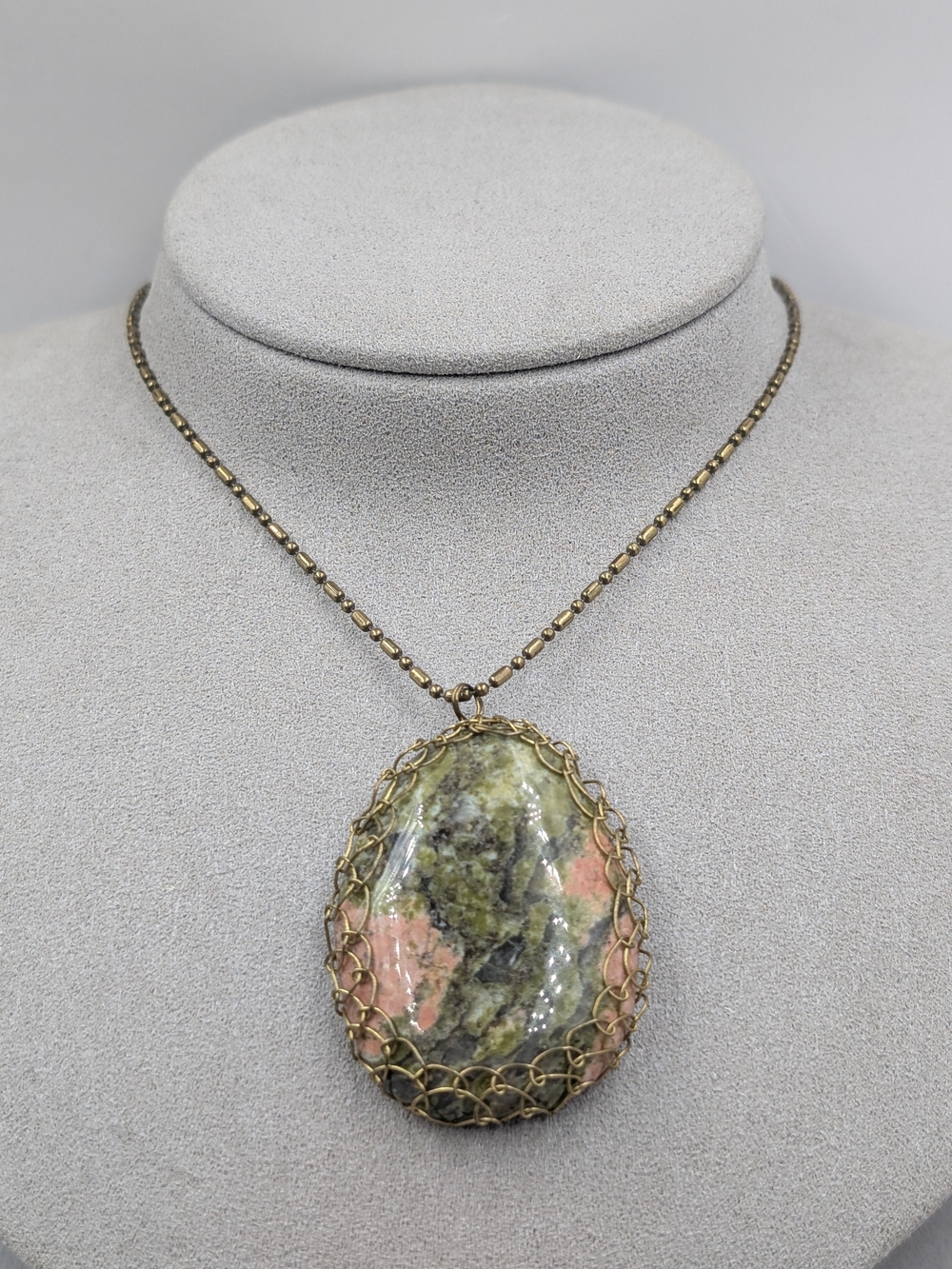 Unakite Jasper Natural Stone Wire Wrapped Pendant Long Necklace | 0048
